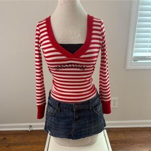 UNIF Red and White Striped V-Neck Blouse